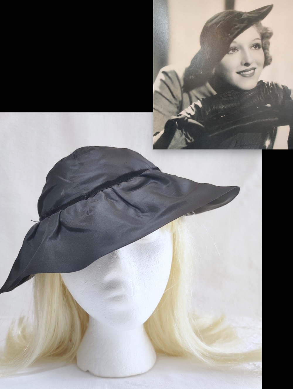 Rare 1930s Black Silk Taffeta Slouch Hat, Ziegfeld Follies Provenance, Asymmetri